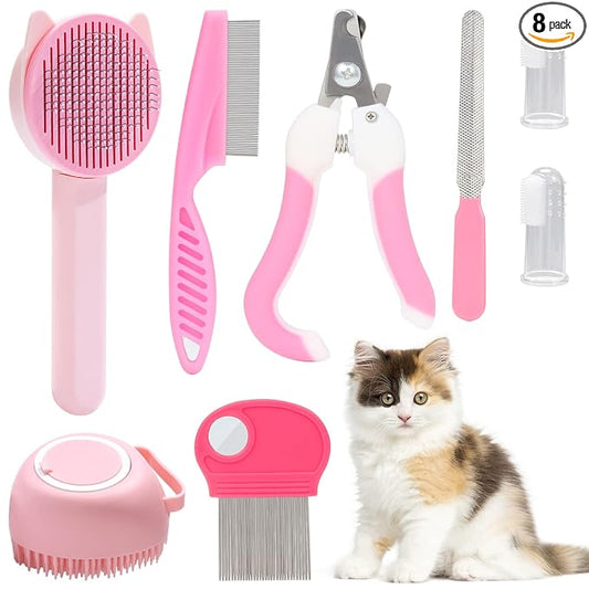 VCZONE 8 Pcs Cat Brush Grooming Kits, Pet Self Cleaning Kit with Pet Nail Clipper and File, Flea Comb, Pet Shampoo Bath Brush, Pet Shedding Brush, Silicone Toothbrush (Pink)