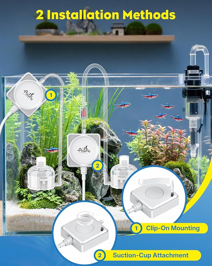 Pawfly 27 L/H Aquarium Air Pump, Compact Air Pump Suitable for 1–15 Gallon Fish Tanks | 1.3W Ultra Quiet Portable Fish Tank Oxygen Aerator Air Pump Kit with Mini Sponge Filter, Air Tubing, Air Stone, Check Valve