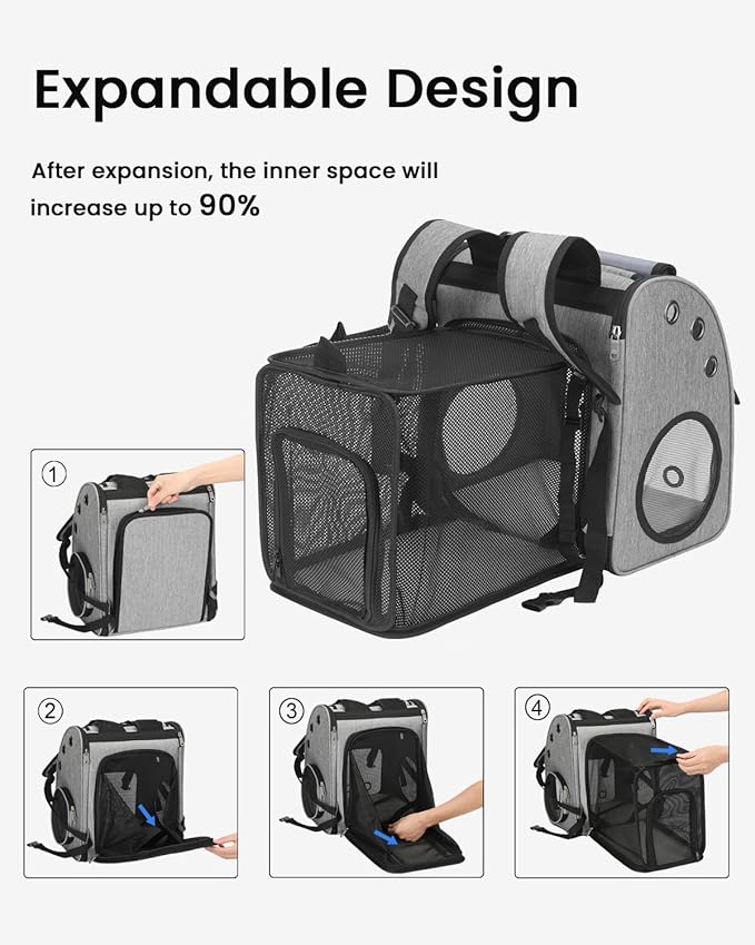 Expandable Cat Backpack Carrier, Airline Approved Pet Carrier for Cats & Small Dogs, Breathable Mesh, Bubble Window, Anti-Collapse, for Travel Hiking Camping, Hold Pets Up to 18 Lbs