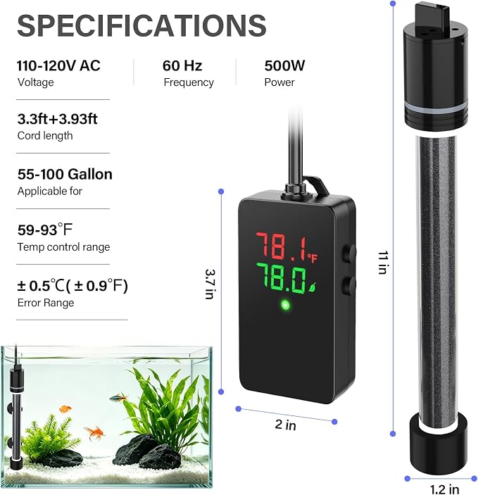 hygger ECO Precise 500W Aquarium Heater Submersible, for 55-100 Gallon Fish Tank, ±0.5℃ Dual Probe Controller, Overheat & Dry-Run Protection for Freshwater & Saltwater