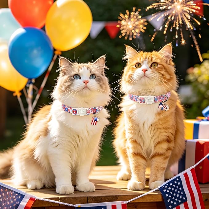 2 Pack 4th of July Cat Collars - Blue Retro Checkerboard Flag 1776 & Pink Patriotic Breakaway Cat Collars, Adjustable Soft Boy Girl Kitten Collar for Small Dogs Puppy with Bell & Pendant