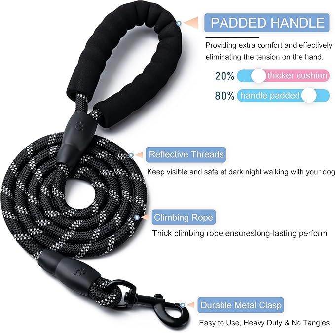2 Pack Dog Leash, 4/5//6 FT Heavy Duty Nylon Rope Pet Leashes with Comfortable Padded Handle, Reflective Dog Leashes for Small Medium and Large Dogs (6FT-1/2,Black/Orange)