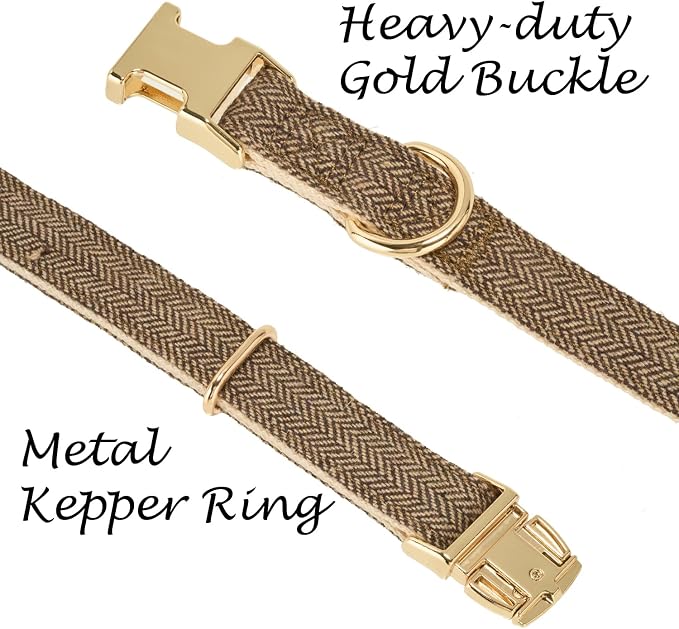 Luxury Soft Cotton Tweed Fabric Dog Collar & Leash Set with Gold Buckle – Durable Fabric, Stylish Design for Everyday Walks(Small Coffee)