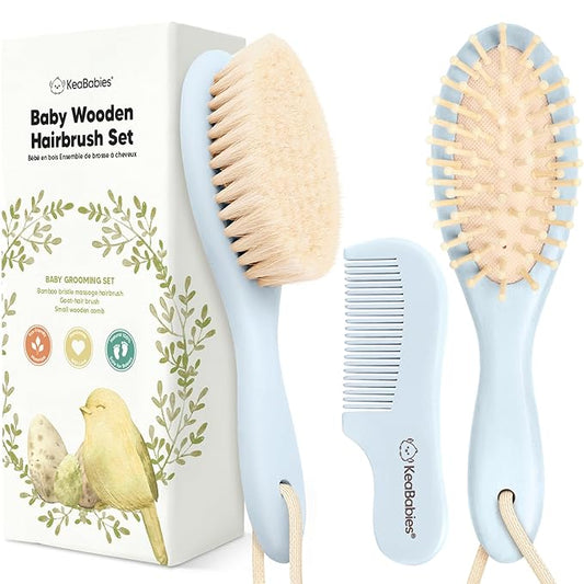 Baby Hair Brush Set for Newborns - Soft Goat Bristle Wooden Baby Brush and Comb Set Newborn Grooming Kit for Cradle Cap, Durable & Gentle, Boy, Girl Infant Essentials Care Kit (Regular, Frost)