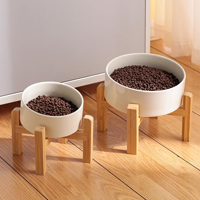 Elevated/Raised 15°Tilted Anti Slip Ceramic Dog Bowl for Medium & Large Breeds,Slanted Bulldog Big Face Pet Feeding Food Water Dish Stand for Dogs (7.6 Cups/60OZ) Beige