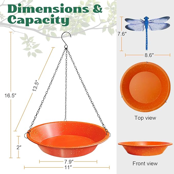 Hanging Bird Bath for Outdoors–Rust Proof Orange Bird Water Bowl with Dragonfly Decor,11.4 Inch Shallow Bird Feeder Tray with Chains,Garden Decor for Yard, Patio, Wild Birds