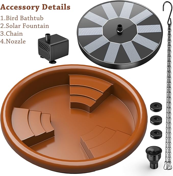AISITIN 15" Hanging Bird Bath with Solar Fountain, Outdoor Hanging Bird Bath Bowl with 3-Tier Steps, Solar Powered Water Fountain for Bird Bath, Feeder, Drinking, Garden Patio Lawn Backyard