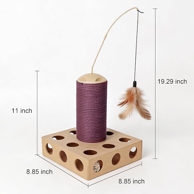 Cat Scratching Board 3 in 1 with Scratching Post, Rotating Teaser Wand & Bell Ball, Cat Nail File Enrichment Box for Indoor Cats Kitten, Interactive Cat Toys for Boredom Relief