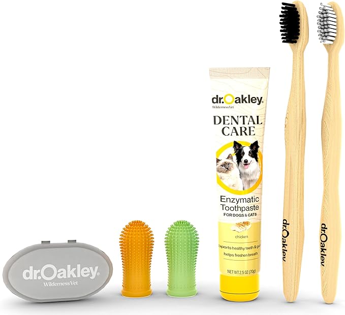 Dr. Oakley Dental Toothbrush Kit for Dogs & Cats -Finger Brush for Small Pets and Soft Brushes for Large or Older Natural and Safe Chicken Flavor -