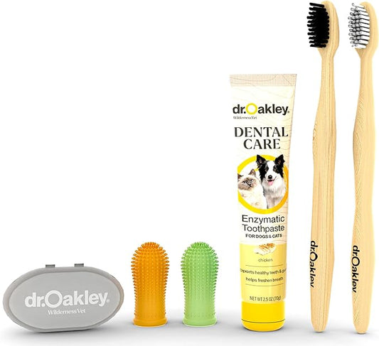 Dr. Oakley Dental Toothbrush Kit for Dogs & Cats -Finger Brush for Small Pets and Soft Brushes for Large or Older Natural and Safe Chicken Flavor -