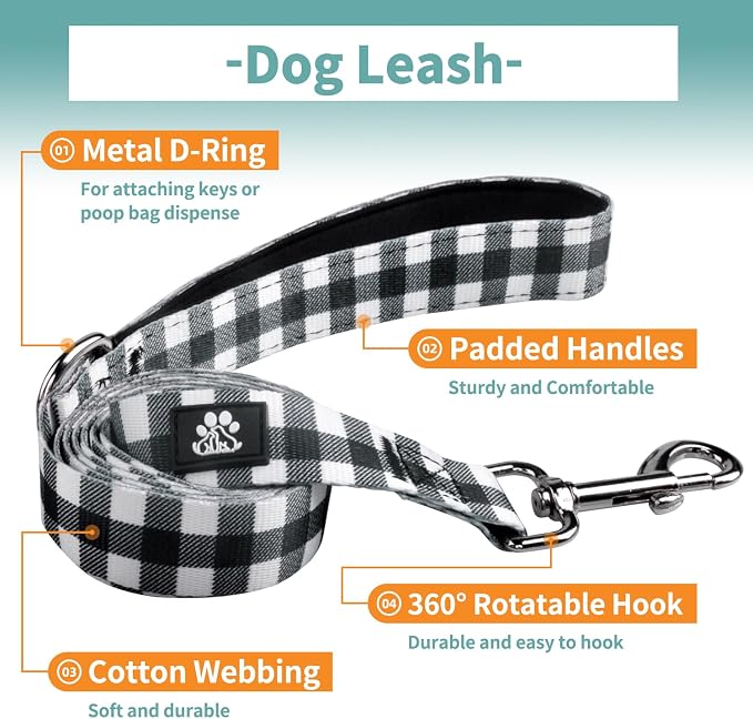 IVY&LANE Dog Collar with Bowtie and Leash Set | Plaid Adjustable Dog Collar | Detachable Bow Tie |5 FT Dog Leash | for Small Medium Large Dogs | Checkered Black | Large