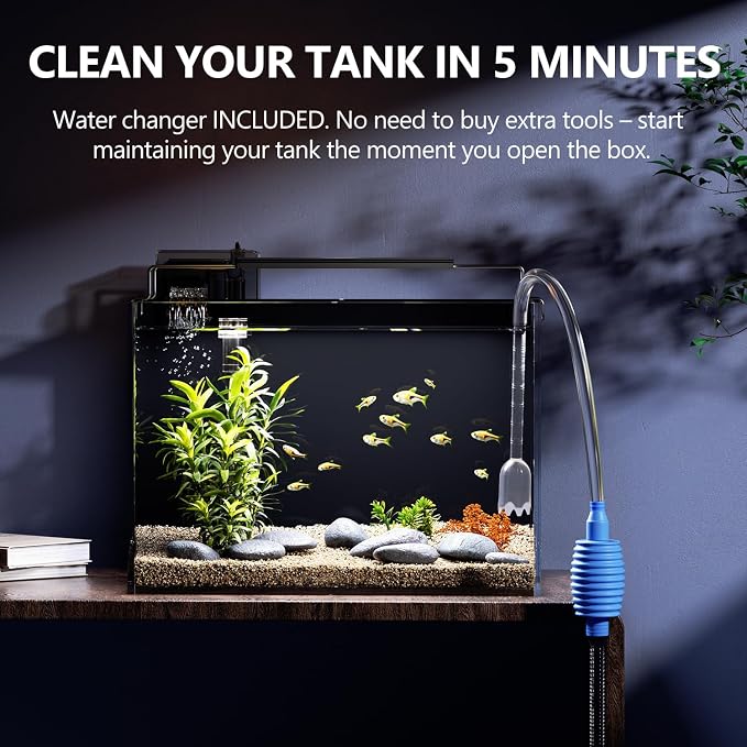 5 Gallon Fish Tank Kit with Filter Light with Timer, Lid Rimless Glass | Black Background, Low-iron Glass, 5 Brightness, Adjustable Water Flow, Self-cleaning, for Betta Shrimp Guppy Snails