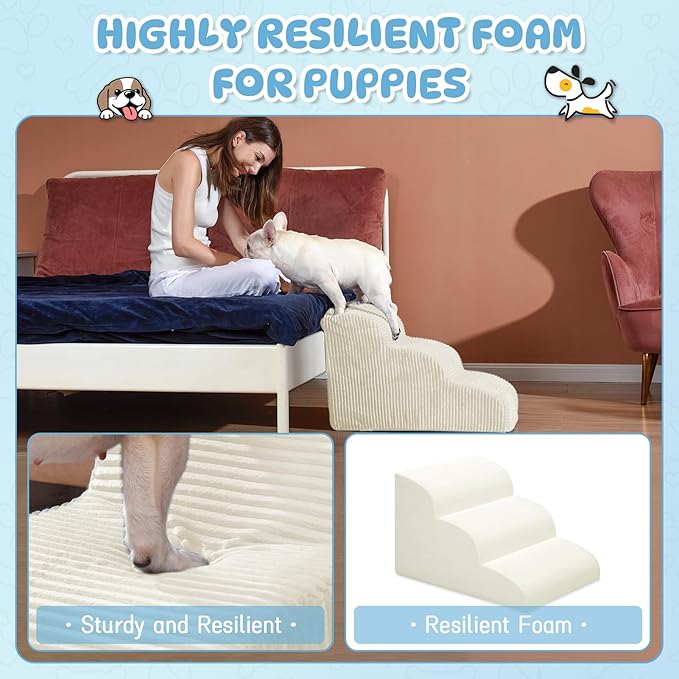 Mesa Lemon Dog Steps for Small Dogs, 3-Step Pet Ramp Stairs for High Beds and Sofa, Non-Slip Pet Stairs for Small Dogs and Cats, Removable and Easy to Clean Cover, Beige