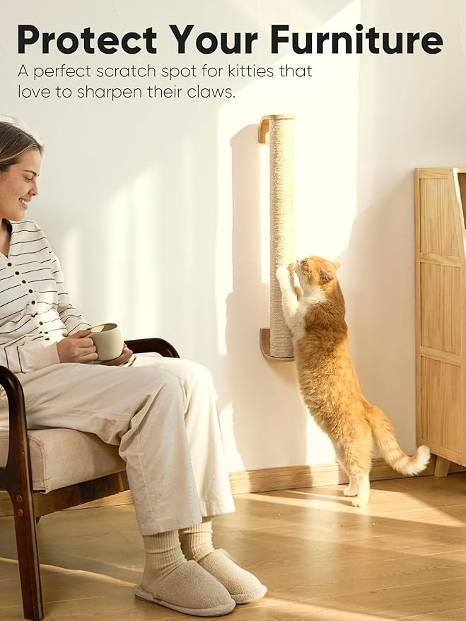 FUKUMARU Cat Wall Scratcher, 28" Wall Mounted Kitten Scratching Post, Sturdy Sisal Climbing Tree for Indoor Cats