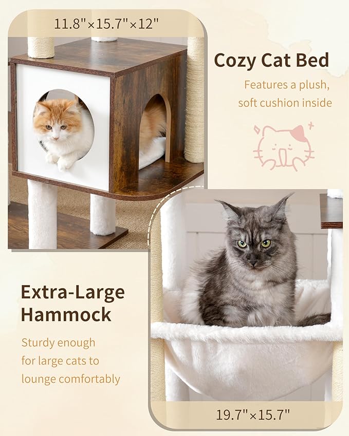 Heybly Cat Tree, 70.5 Inch Wood Tall Cat Tower for Large Indoor Cats with Extra Stable Structure, Modern Cat Furniture with All-Sisal Scratching Posts, Cat Condo & Hammocks, Rustic Brown HCT121SR