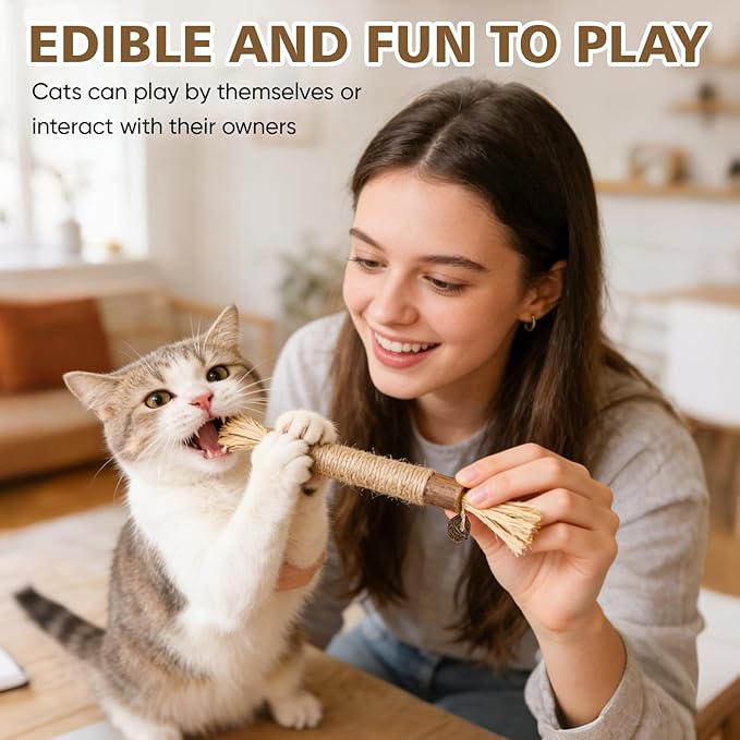 TEAWOO 3 Pcs Natural Silvervine Sticks Cat Toys, Catnip & Matatabi Blend Dental Chew Toys, Teeth Cleaning Kitty Toys for Indoor Cats & Kittens, Edible Chew Sticks for Aggressive Chewers
