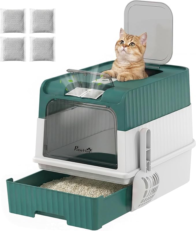 PawHut Cat Litter Box with Lid, Hooded Cat Litter Box with Pull-Out Drawer Tray, Scoop, Front Entry & Top Exit, 4 Deodorization Bags, Easy to Clean, Teal