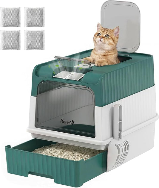 PawHut Cat Litter Box with Lid, Hooded Cat Litter Box with Pull-Out Drawer Tray, Scoop, Front Entry & Top Exit, 4 Deodorization Bags, Easy to Clean, Teal