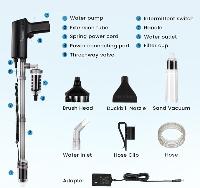 hygger Battery Powered Aquarium Vacuum Gravel Cleaner, 6 in 1 Automatic Fish Tank Vacuum Handle Control, Powerful Gravel Vacuum for Aquarium, Water Changer Sand Washer Water Filter Adjustable Length