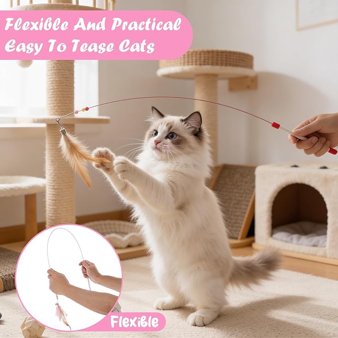 4 Pcs Cat Feather Toys, Interactive Cat Feather Wand Toy Pet Teaser Wire Wand with Bell Beads Wands Toys for Cats Chase Exercise Play
