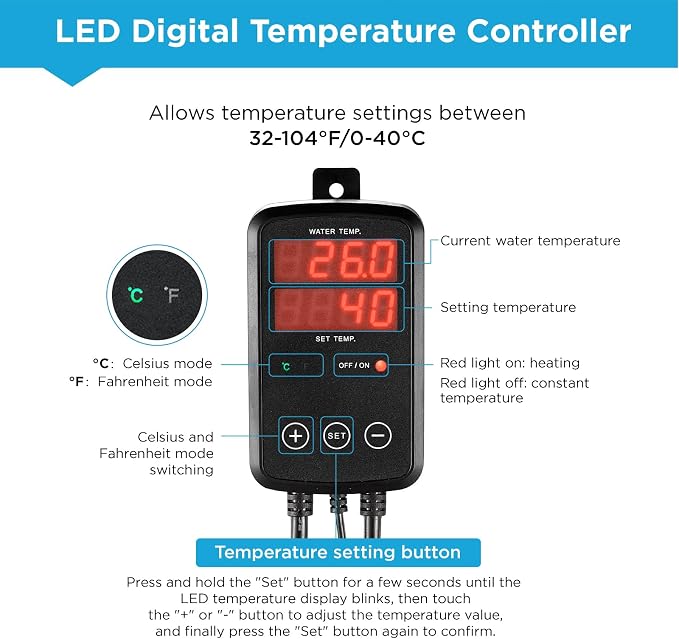 Titanium Aquarium Heater 800W, Submersible Fish Tank Heater with Digital Display Temperature Controller, 0℃-40℃ Adjustable, Fast Heating for 100 ~ 150 Gal Saltwater Freshwater Fish Tank, MX-9015(800W)