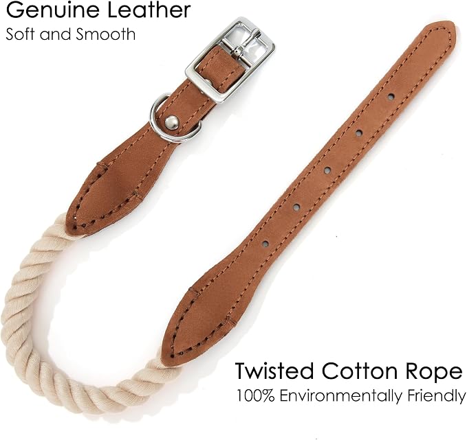 Mile High Life Genuine Leather Dog Collar, Durable Braided Cotton Rope Collar with Metal Pin Buckle for Small Medium Large Dogs (Beige, L Neck 17"-21")