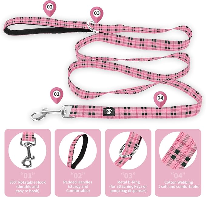 NESTROAD Dog Collar and Leash Set,Soft Neoprene Pet Collar with Quick Release Buckle,Adjustable Nylon Dog Collars for Small Medium Large Dogs(Large,Cherecked Pink)