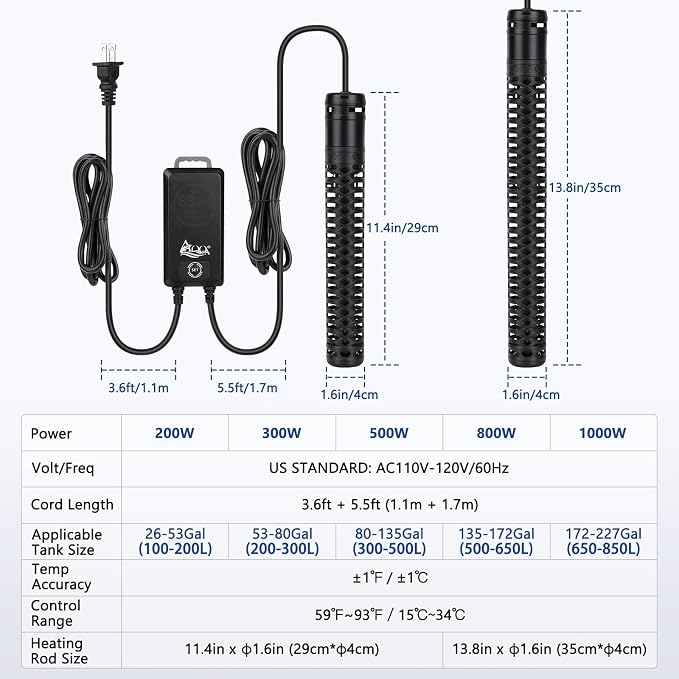 AQQA 800W Aquarium Heater, Fish Tank Heater with Digital Thermostat | Over-Temperature and Dry-Run Protection, for 90-150 Gallon Freshwater, Saltwater, Turtle Betta Fish Tank Aquarium