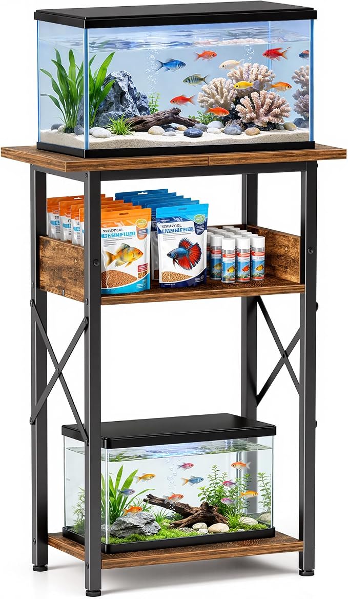 5-10 Gallon Fish Tank Stand with Storage Shelves, 3-Tier Aquarium Stand with Rust-Proof Metal Frame, Heavy Duty Waterproof Reptile Turtle Tank Stand for Home Office Up to 150LBS, 21.5" L x 11.5" W x 30" H, Rustic Brown