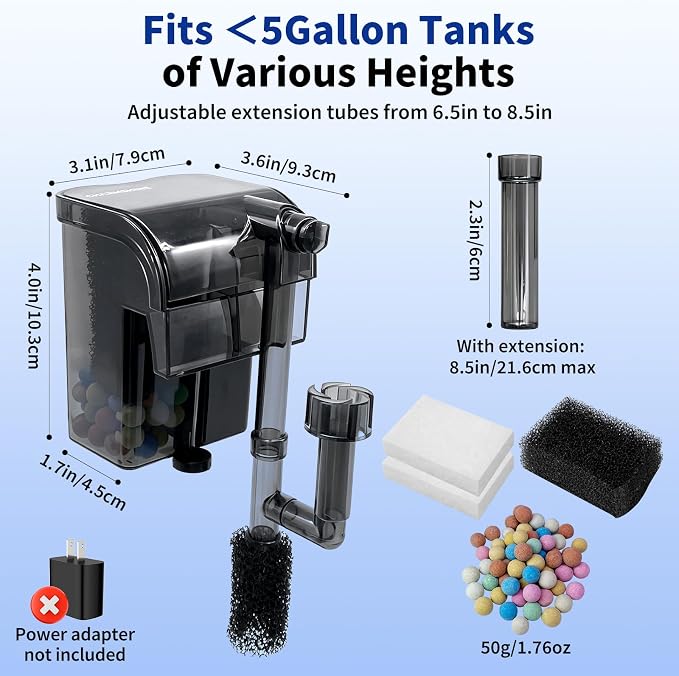Hang On Back Aquarium Filter Up to 5 gallon Small Slim Fish Tank Filter | Oil Removal Design,Upgraded 3-Stage Filtration,Adjustable Flow Rate,USB Aquarium Filter for Betta Shrimp tanks