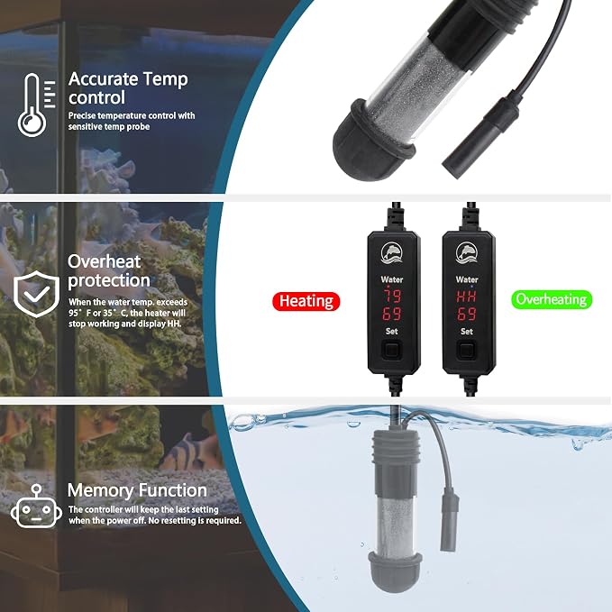 Small Aquarium Heater 25W Submersible Fish Tank Heater for 1-5 Gallons, Dual LED Display Temperature Controller, Suitable for Saltwater and Freshwater, Mini Water Heater for Betta/Turtle Tank