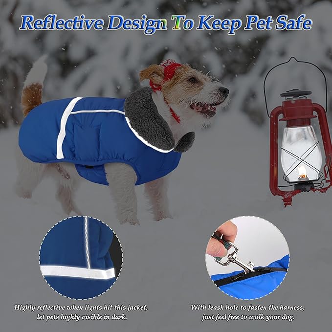 Dogcheer Warm Dog Coat, Waterproof Dog Jacket Christmas Puppy Winter Coat with Buckle, Reflective Adjustable Pet Snow Jacket Turtleneck Fleece Sweater for Small Medium Large Dogs - Blue, M