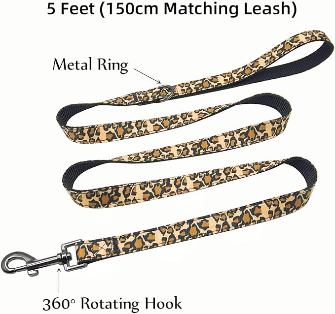 Dog Collar Leash Set, Leopard Pattern, Nylon Webbing Plus Cotton Ribbon, 5ft Matching Leash, for Large Dogs.(L, Brown Leopard)
