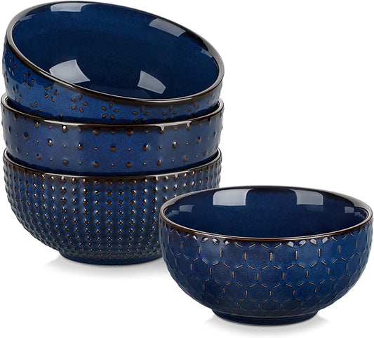 MALACASA Cereal Bowls, 30 Ounce Ceramic Blue Soup Bowl for Kitchen, Stoneware Bowls Set of 4 with Embossment for Pho, Chip, Fruits, Salad, Noodle, Ramen - 6 Inch, Series LYDIA