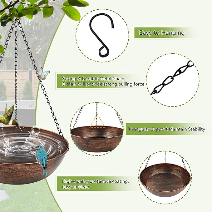 Hanging Bird Bath for Outside, 13" Metal Bird Bath Bowl with Chains & Hook Outdoor Hanging Birdbath for Tree, Gazebo, Patio, Balcony, Gift for Bird Lovers