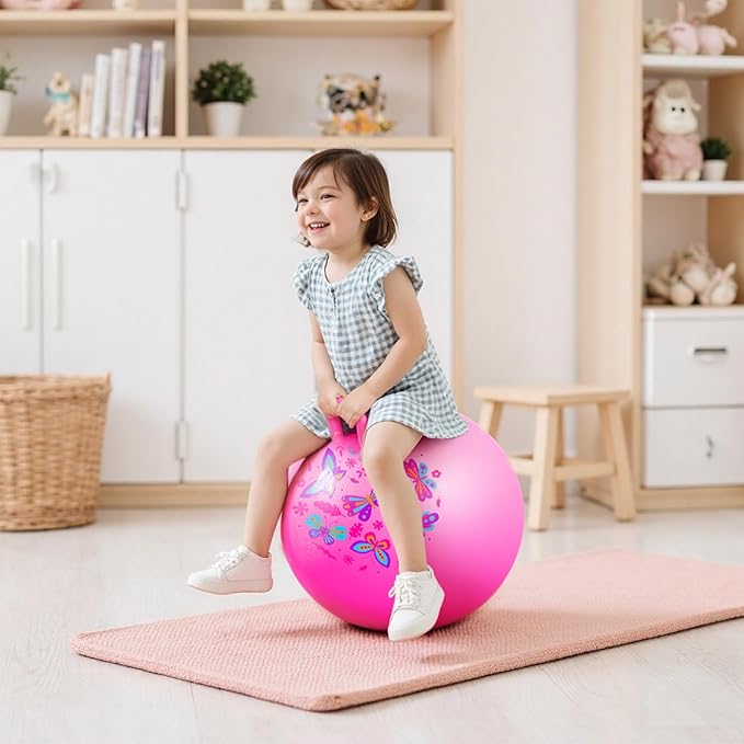 Hopper Ball, Pink Butterfly Hopping Toys for Kids, 18 Inch Bouncy Ball with Handle, Indoor Outdoor Inflatable Hoppity Hop Toy for Girls Boys Gift with Free Pump