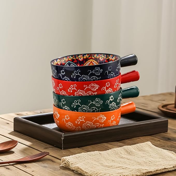 Bohemian Ceramic Soup Bowl with Handle – 23oz, 8.66" – Handmade Spagehetti Bowl Colorful Floral – Wide Shallow for Soup Microwave & Dishwasher Safe Pasta Salad Dish Green 1 PC