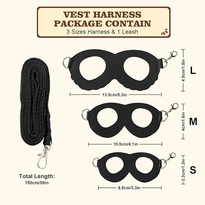 3Pcs Sugar Gilder Harness and Leash Set, Adjustable Squirrel Harness Small Animal Training Walking Vest for Rabbit, Guinea Pigs, Bearded Dragon (Black)
