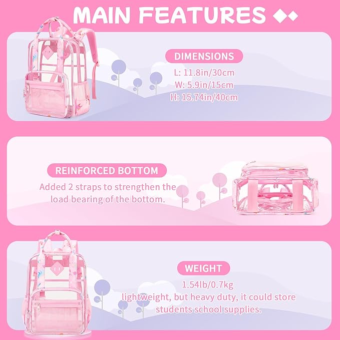 MOONBABY Small Clear Backpack for School Transparent Bookbag for Kids Heavy Duty PVC See Through Backpack Stadium Approved
