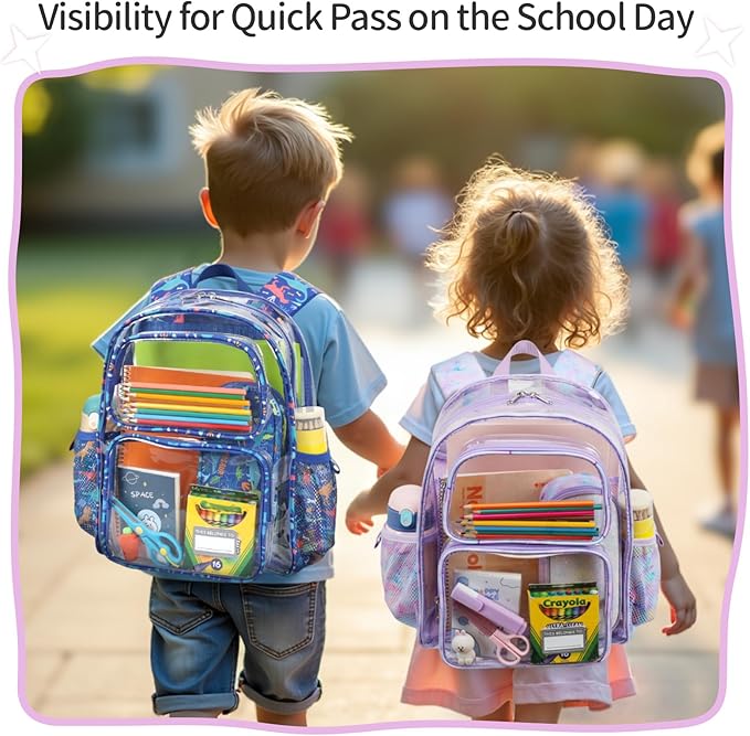 Clear Backpack for Girls, 15 Inch Heavy Duty Transparent Bookbag for Kindergarten to 2nd Grade, PVC See Through Daypack with Reflective Straps, Fits Standard Folders, Purple Tie-dye