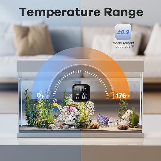 Smart Digital Fish Tank Thermometer,Aquarium Thermometer | LED Display, ±0.9°F, Alarm for Aquarium & More | 5-200 Gallon | High/Low Temperature Alert