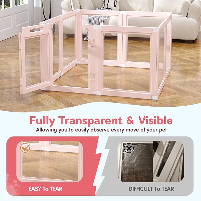DIY Clear Acrylic Dog Playpen Indoor, Transparent Easy Cleansing Puppy Fence with Suction Cup, Easy-Assemble Indoor Whelping Crate for Small Puppies (23.6" H, 8PCS), Pink
