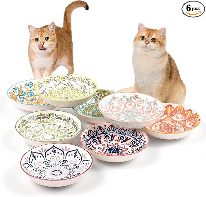YEAHGO Cat Food Bowls for Indoor Cats Ceramic Cat Bowls Whisker Friendly Cat Dishes for Food and Water 5.5 Inches Kitten Bowls Cute Cat Feeding Bowls Set 8 Cat Wet Food Bowl Set Shallow Cat Plate