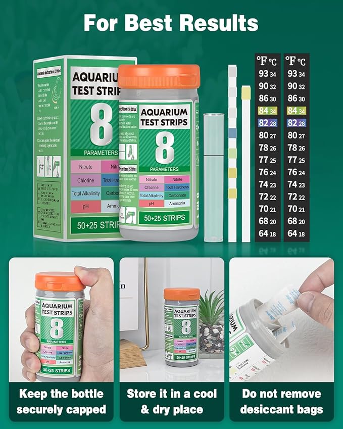 Pawfly 8 in 1 Aquarium Test Strips, 75 Strips Fish Tank Water Testing kit for pH Chlorine Nitrate Nitrite Carbonate Hardness Total Alkalinity & Ammonia Water Quality Freshwater Saltwater Test Kit