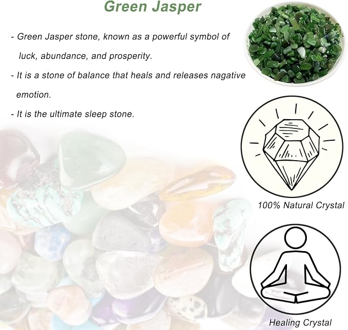Erliway 100g Natural Green Jasper Crystal Chips 7-9mm Tumbled Stones | Small Crushed Crystal Stone, Polished Crystals Chips for Fish Tank, Healing Tumbled Rocks for Reiki Jewelry Making Home Décor