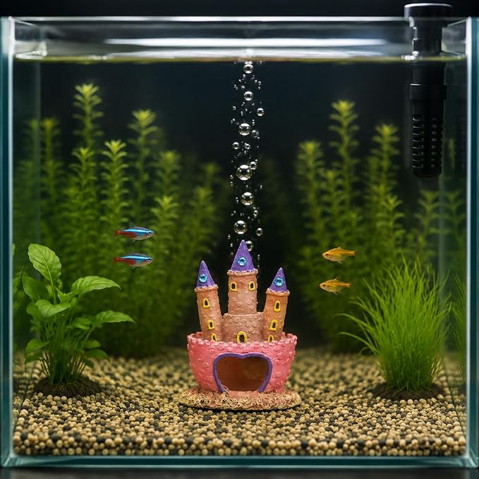 Pink Castle Resin Aquarium Ornament, Large Fish Tank Decoration with Heart-Shaped Cave, Betta Hideout for Freshwater and Saltwater Tanks