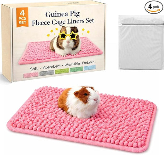 Guinea Pig Fleece Cage Liners Set, 20 * 12In, Washable Absorbent Pee Pads for Small Animals, Non-Slip Bottom, Soft Chenille Fleece Liners for Guinea Pig Cage (4, Pink)