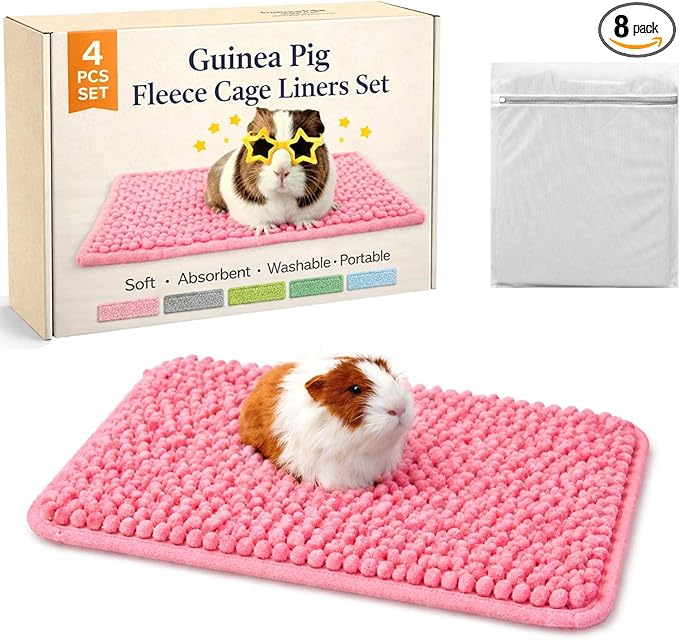 Guinea Pig Fleece Cage Liners Set, 20 * 12In, Washable Absorbent Pee Pads for Small Animals, Non-Slip Bottom, Soft Chenille Fleece Liners for Guinea Pig Cage (8, Pink)