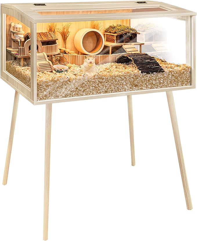 PROLEE Hamster Cage Wooden Chew Proof, Extra Large Mice and Rat Habitat Openable Top with Acrylic Sheets Solid Built Small Animal Cage with Leg Stands, 48 Inch Long
