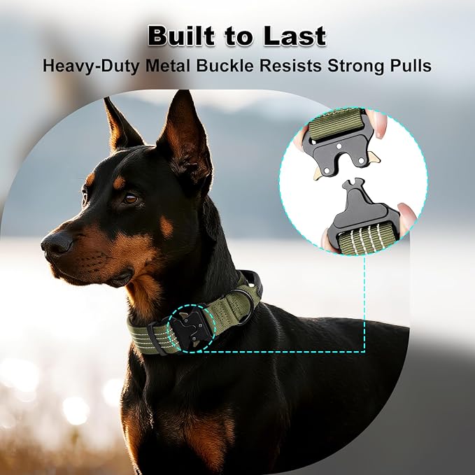 Plutus Pet Tactical Dog Collar with Tracker Pocket for AirTag, Adjustable Reflective Nylon Collar, Metal Buckle, Leather-Wrapped Handle, Soft Padded for Medium Large Dogs (Ranger Green, L)